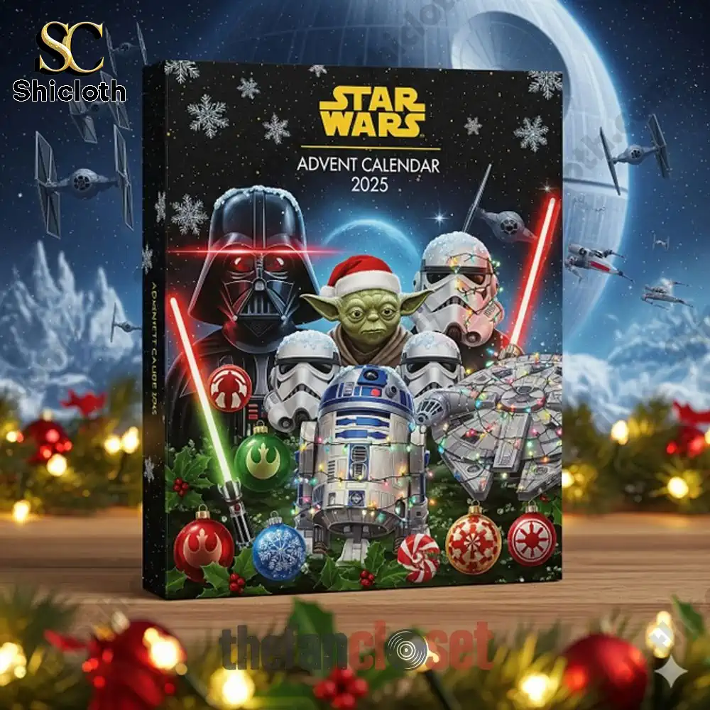 Star Wars 2025 advent calendar box with Yoda, Darth Vader, R2D2, and Stormtroopers on a festive background.