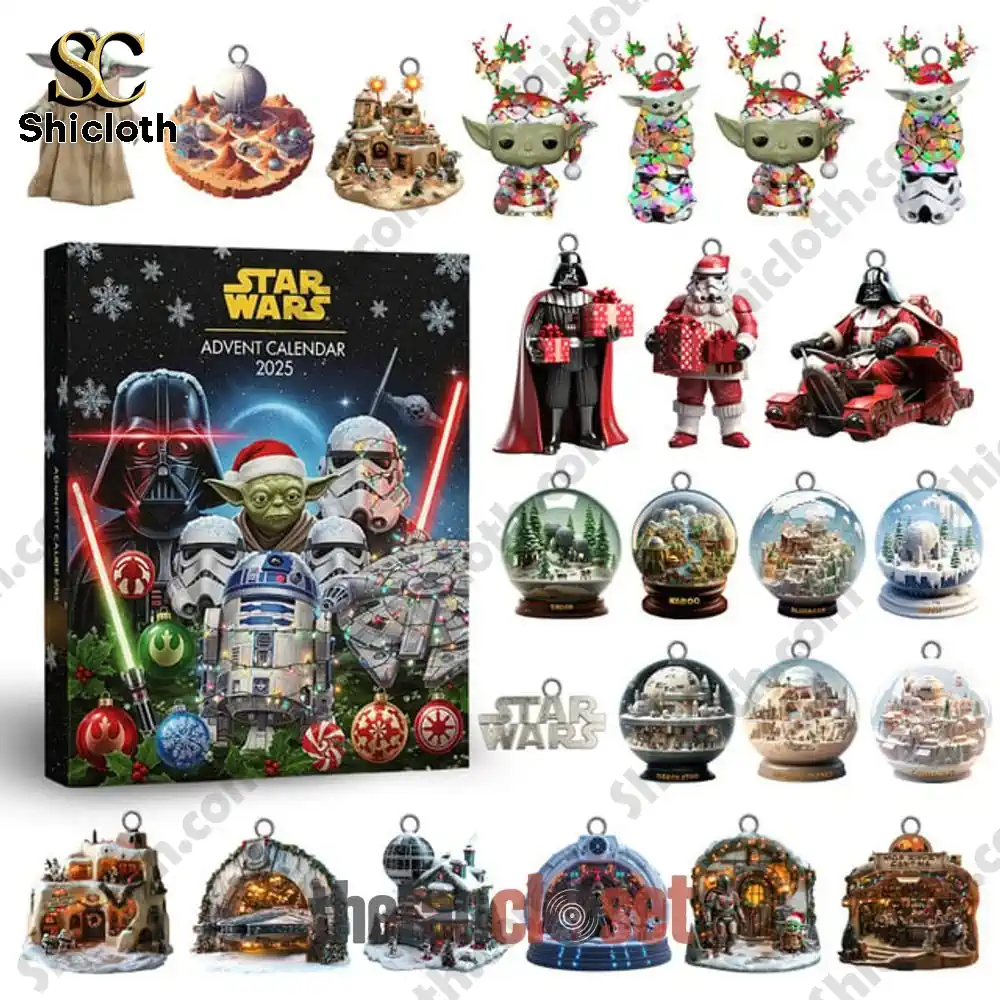 Star Wars 2025 advent calendar with collectible ornaments including Yoda, Darth Vader, spaceships, and snow globes.
