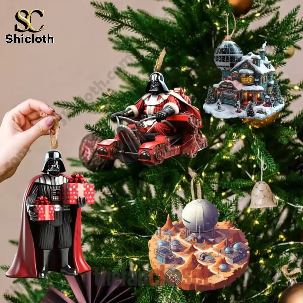 Star Wars Limited Edition Advent Calendar 2025 4 Christmas tree decorated with Star Wars ornaments including Darth Vader and themed miniature buildings.