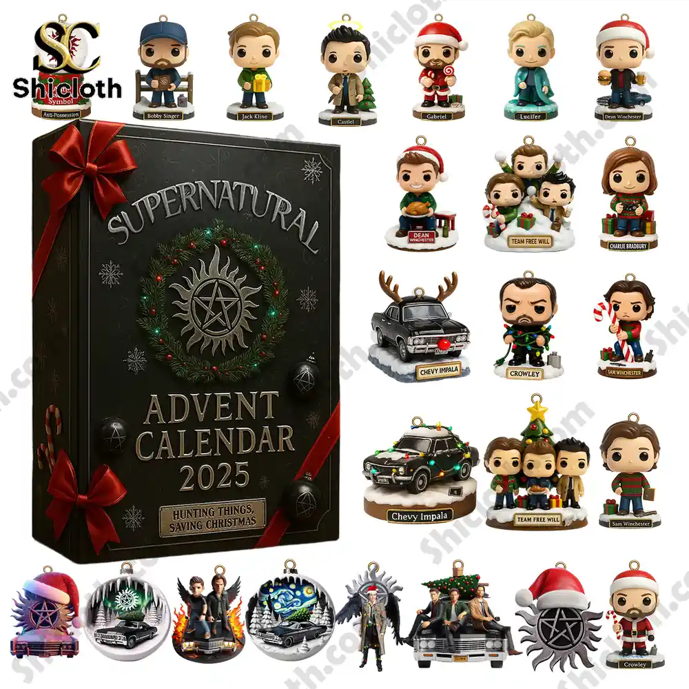 Supernatural Advent Calendar 2025 with collectible ornaments including characters and cars.