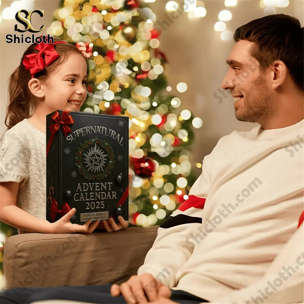 Supernatural Hunting Things Saving Christmas ADVENT CALENDER 2025 3 Smiling girl holding Supernatural Advent Calendar 2025 box while giving it to her father.