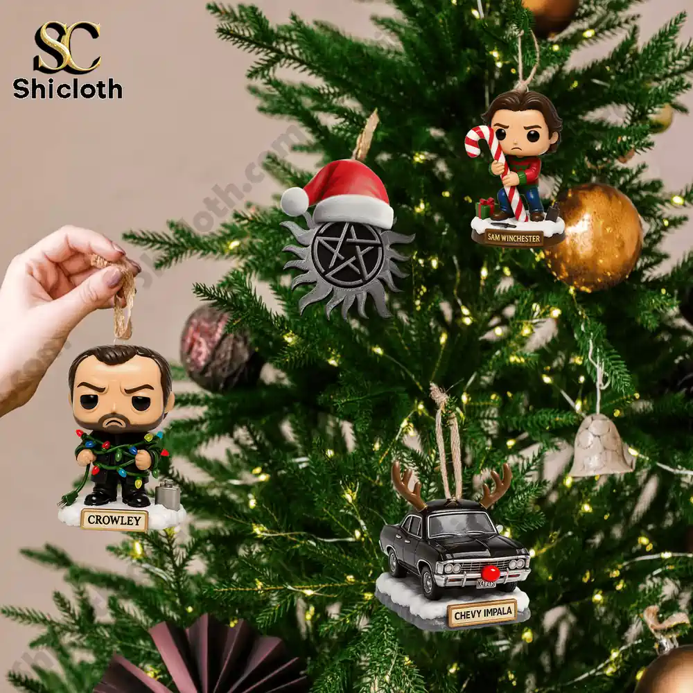 Supernatural Hunting Things Saving Christmas ADVENT CALENDER 2025 5 Christmas tree decorated with Supernatural ornaments Crowley Sam Winchester Chevy Impala and pentagram symbol.