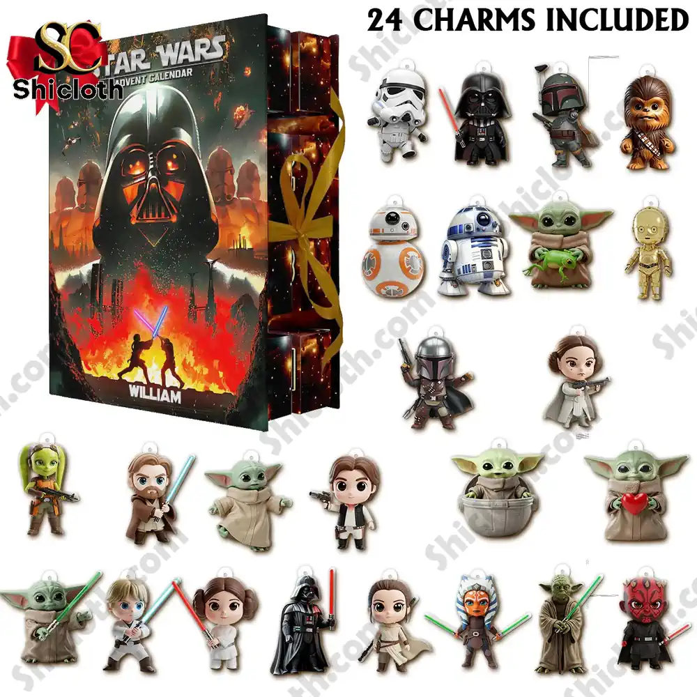 Star Wars advent calendar box with 24 character charms displayed.