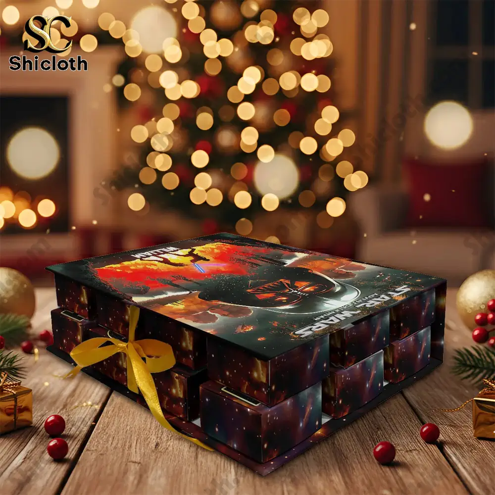 Star Wars advent calendar gift box tied with a yellow ribbon on a holiday table.