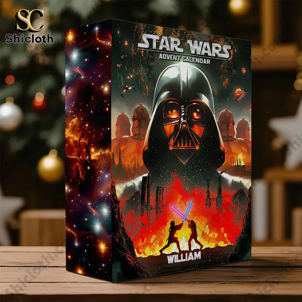 The Force Be With You Personalized The Force Folded Advent Calendar With Ornaments 3 Close up of Star Wars advent calendar box featuring Darth Vader artwork.