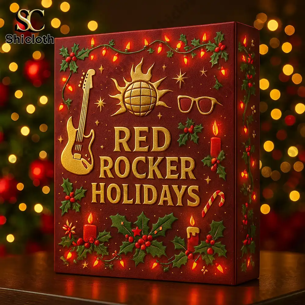 Close up of Red Rocker Holidays advent calendar gift box with festive lights.