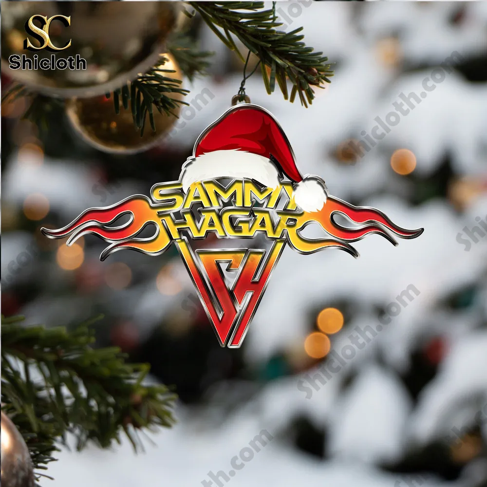 The Red Rocker Sammy Hagar Premium Advent Calendar 2025 3 Sammy Hagar logo ornament with Santa hat hanging on Christmas tree.