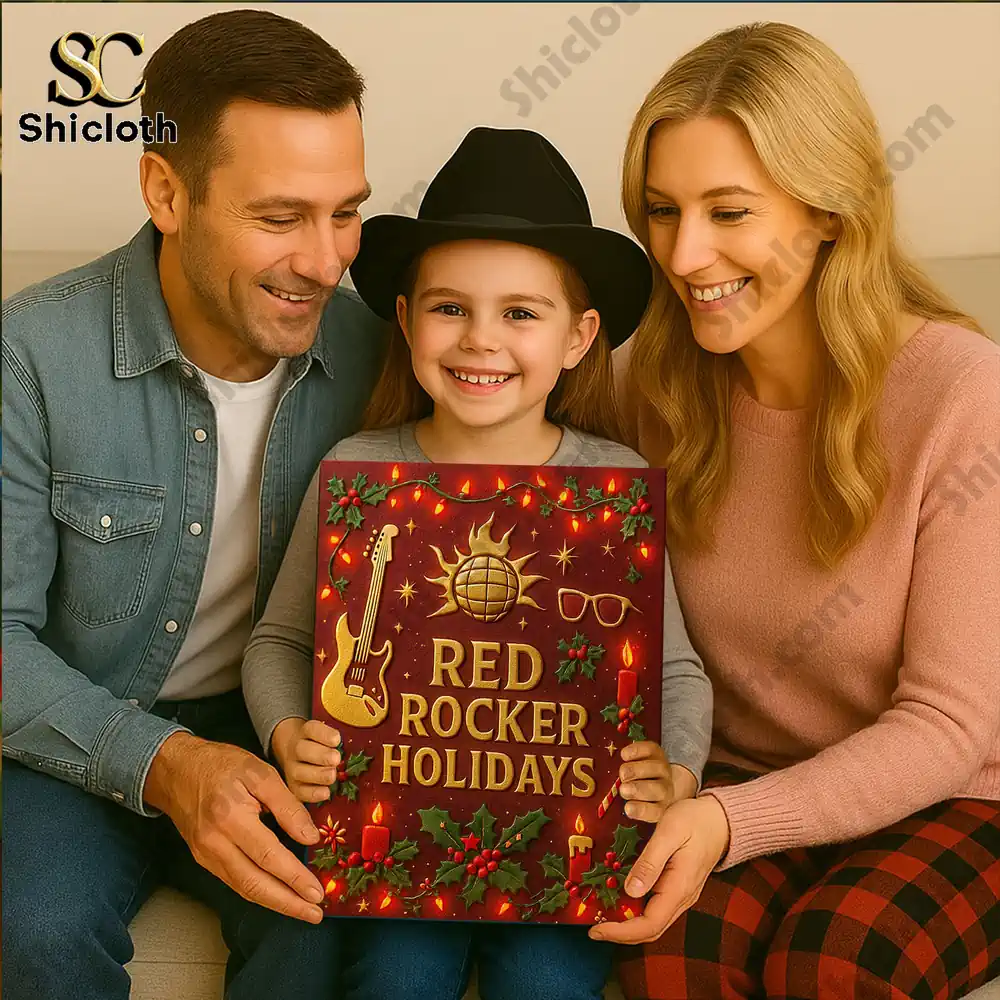 Family smiling while holding Red Rocker Holidays advent calendar box.
