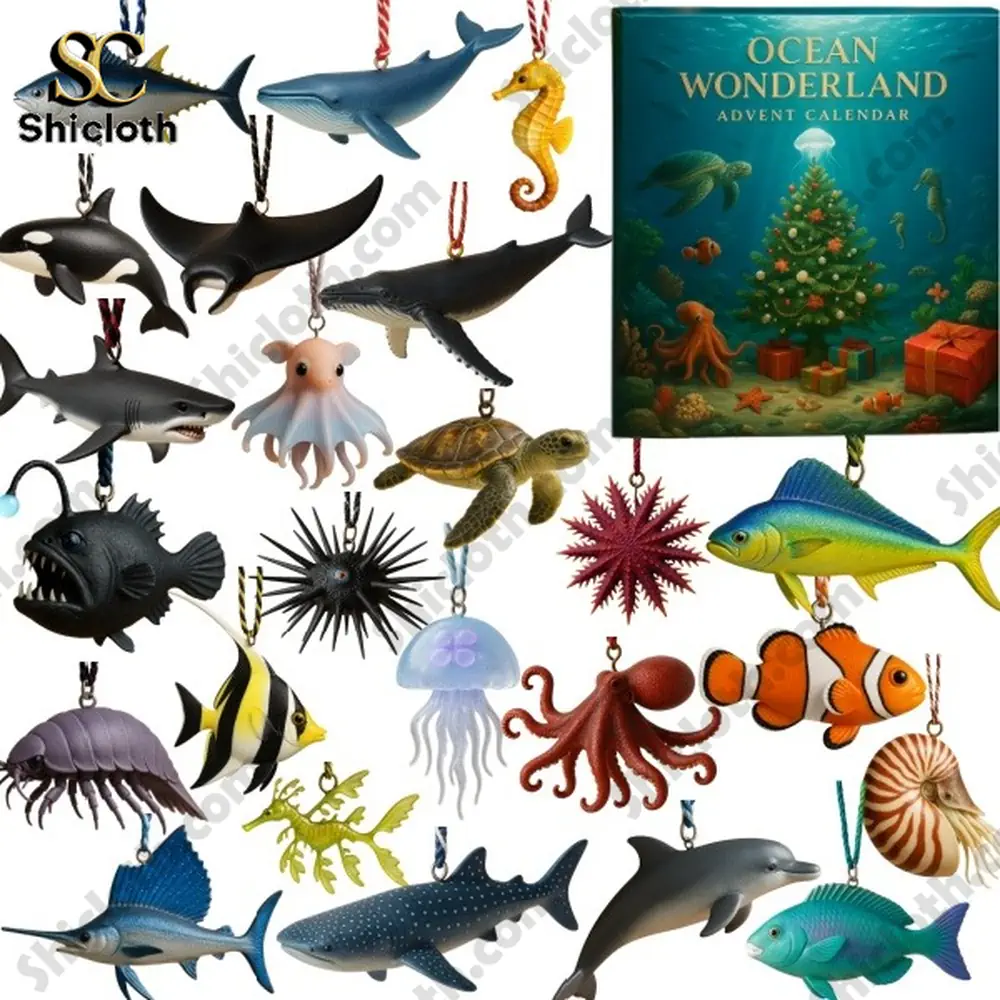 Ocean themed advent calendar with miniature sea animal ornaments.