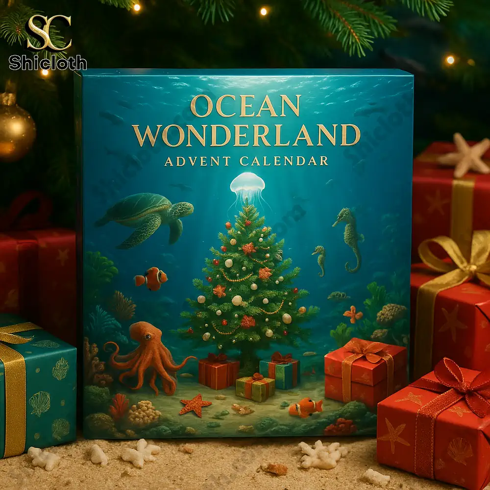 Ocean Wonderland advent calendar box with Christmas tree and sea animals illustration.