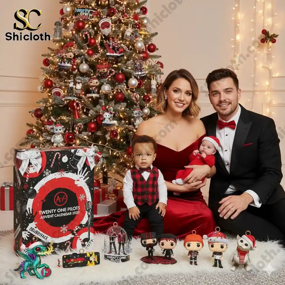 Family posing in front of a Christmas tree with a Twenty One Pilots Advent Calendar and themed ornaments.