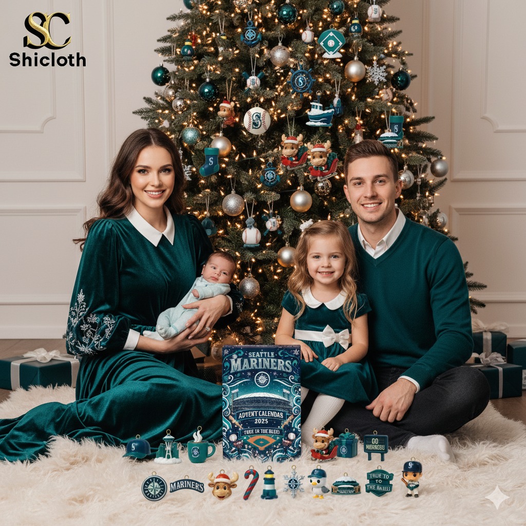 Alt text Family posing by Christmas tree with Shicloth Seattle Mariners Advent Calendar and ornaments