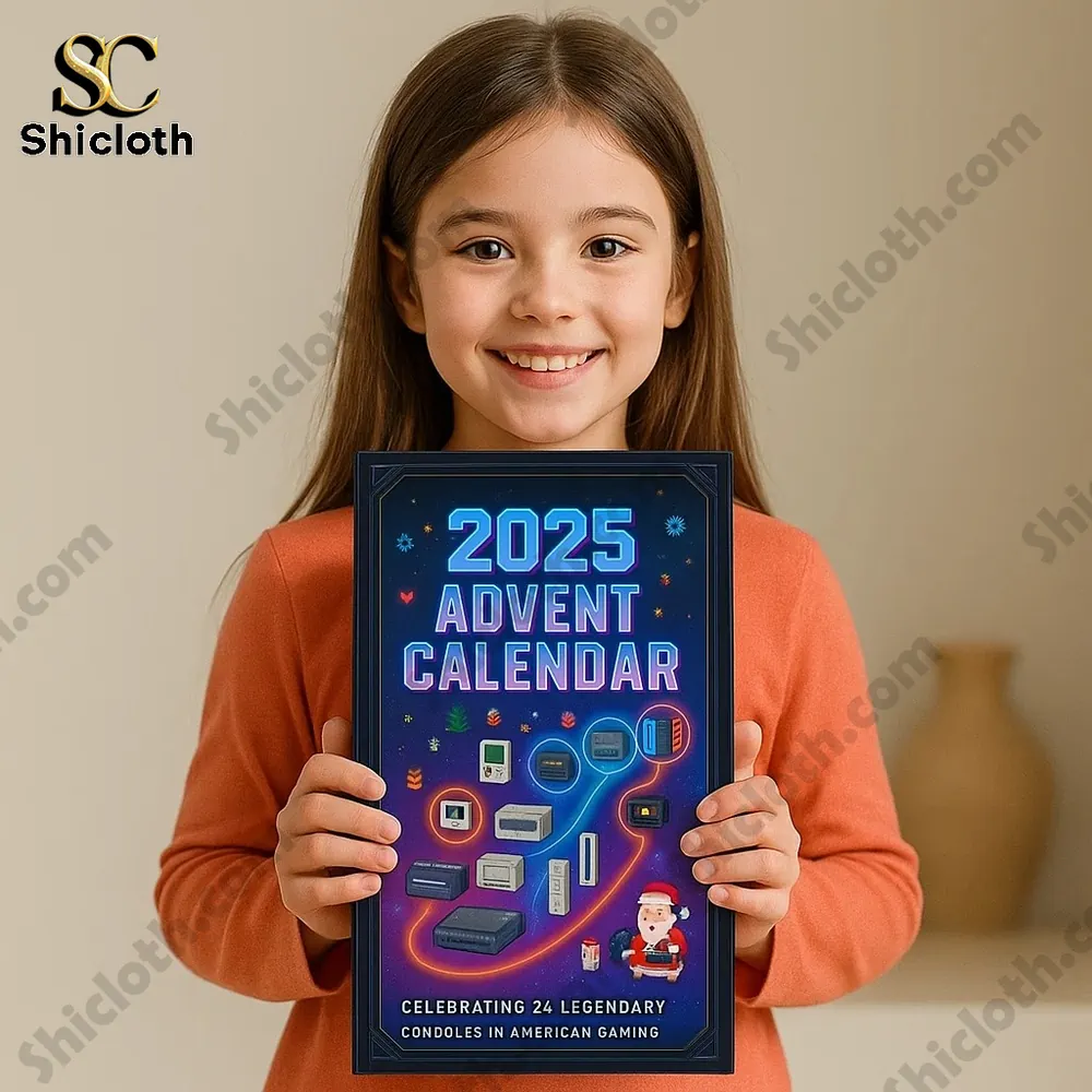 Happy girl in orange sweater holding Shicloth 2025 advent calendar with gaming theme.