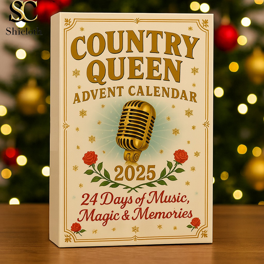 Country Queen Advent Calendar 2025 box with golden microphone and rose design.