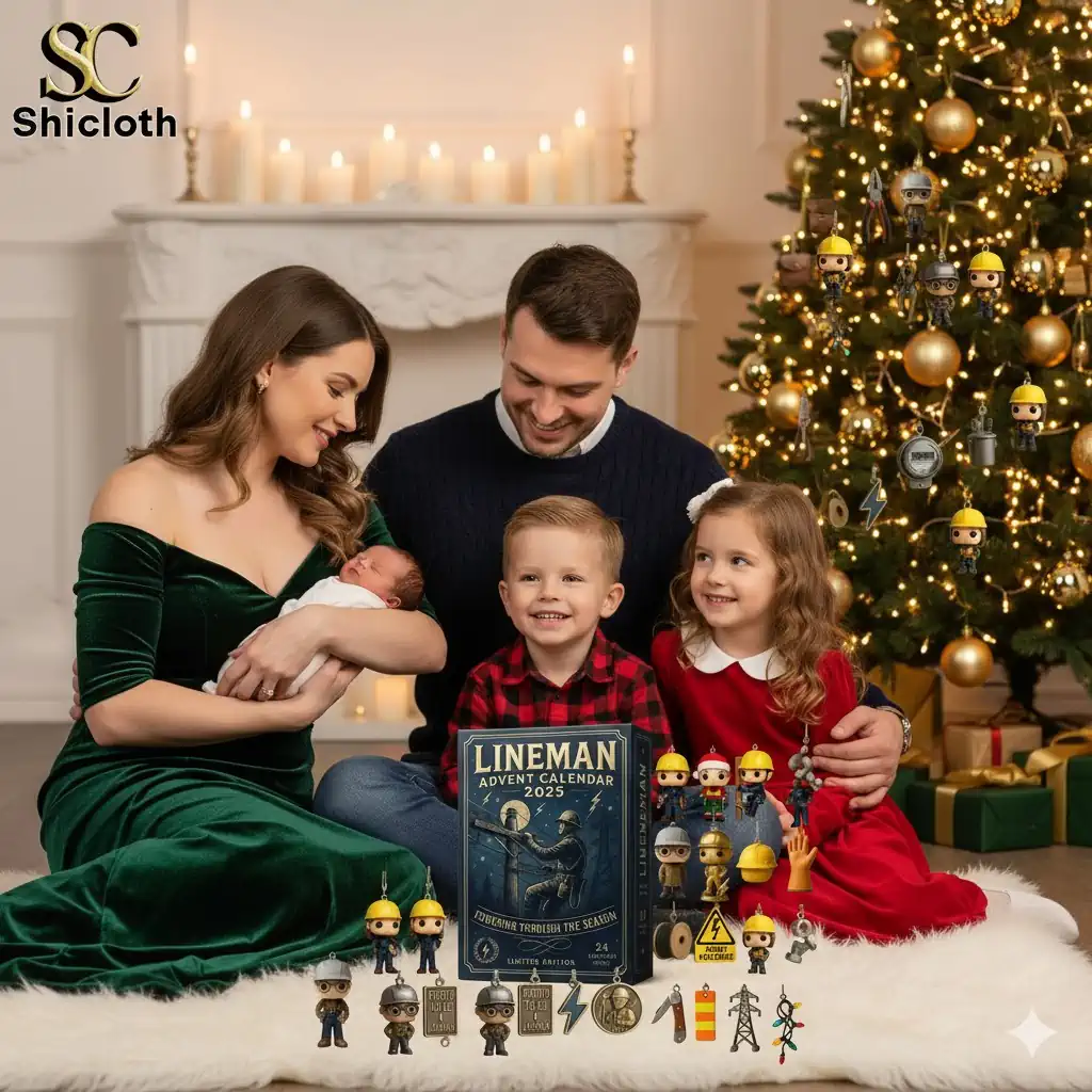 Family with Lineman Advent Calendar 2025 box and lineman ornaments by a Christmas tree!