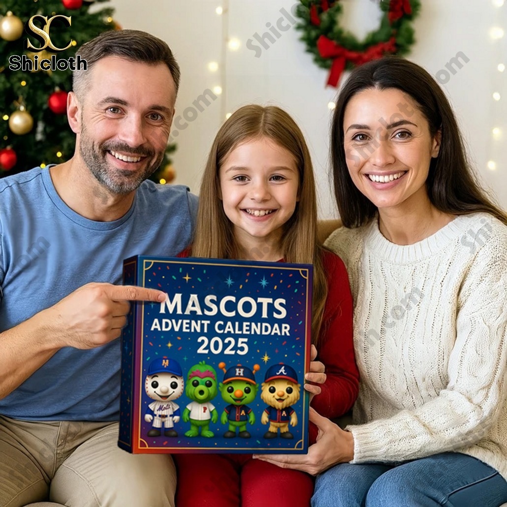 A smiling family holding the Mascots Advent Calendar 2025 box.