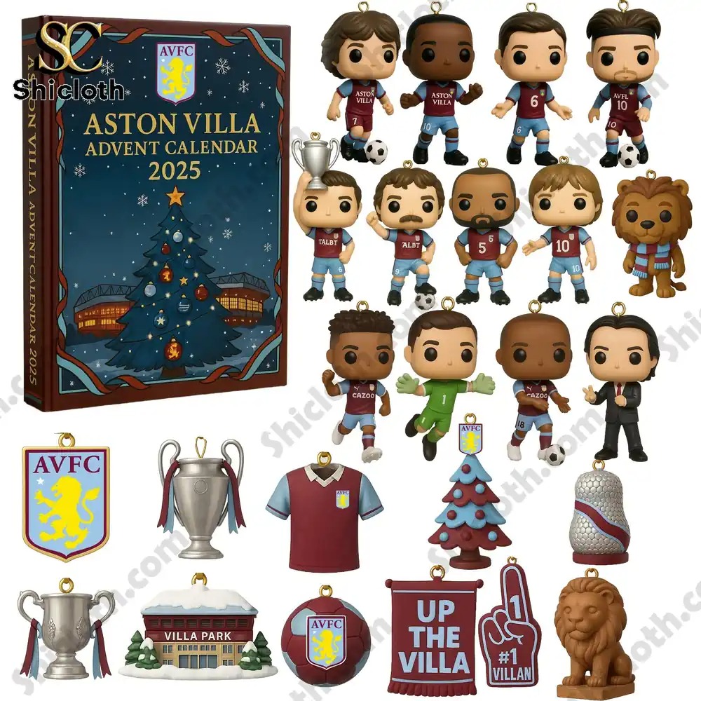Close up of Aston Villa 2025 collectible figures and ornaments arranged next to the calendar box!