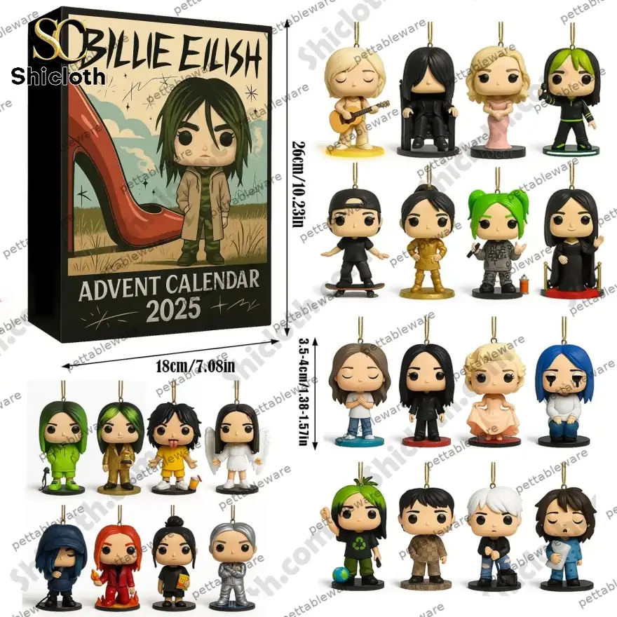 Billie Eilish 2025 Advent Calendar 3 Billie Eilish 2025 advent calendar with collectible mini figures in different outfits.