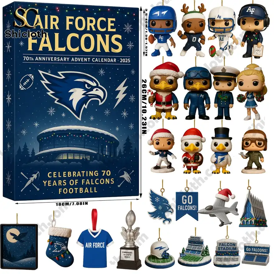 Air Force Falcons 70th Anniversary Advent Calendar with collectible figures and ornaments.