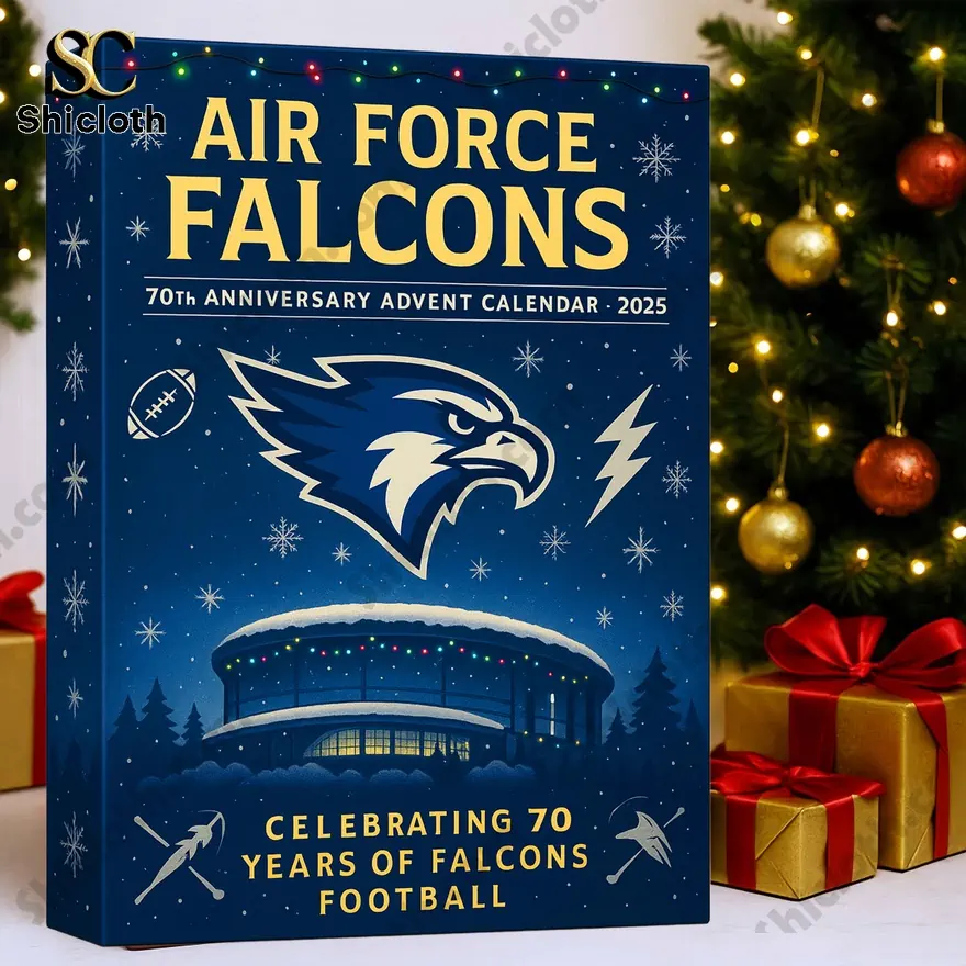 Air Force Falcons 70th Anniversary Advent Calendar box with festive holiday background.