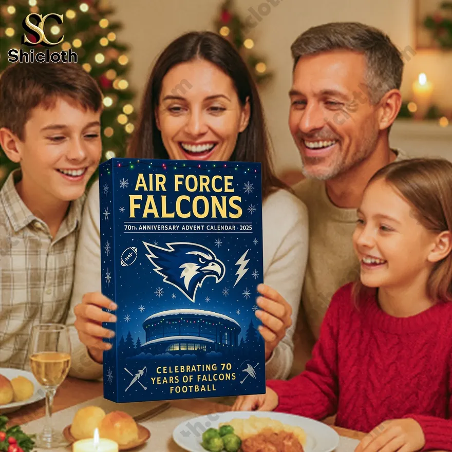 Air Force Falcons 70th anniversary 2025 Advent Calendar 3 Family sitting together holding Air Force Falcons 70th Anniversary Advent Calendar 2025.