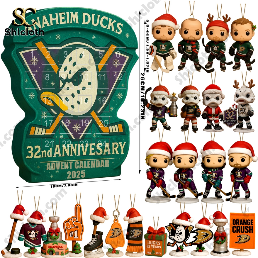 Anaheim Ducks 32nd anniversary advent calendar with collectible figures and ornaments.
