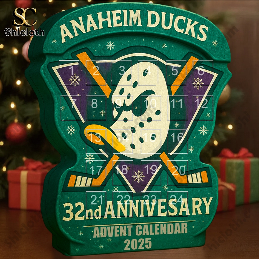 Anaheim Ducks 32nd anniversary advent calendar box with holiday background.