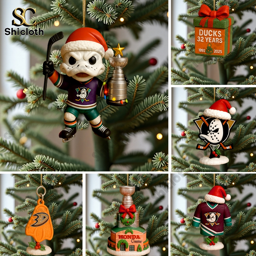 Anaheim Ducks 32nd Anniversary 2025 Advent Calendar 3 Anaheim Ducks advent calendar ornaments including mascot, jersey, and holiday decorations.