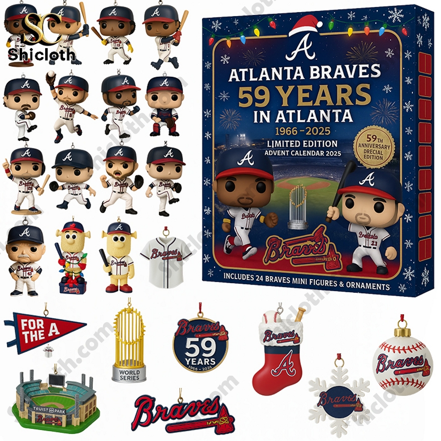 Atlanta Braves 59th Anniversary Advent Calendar box with mini figures and ornaments displayed.