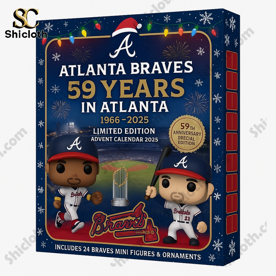Atlanta Braves 59th Anniversary Advent Calendar 2025 box with player figures and stadium design.