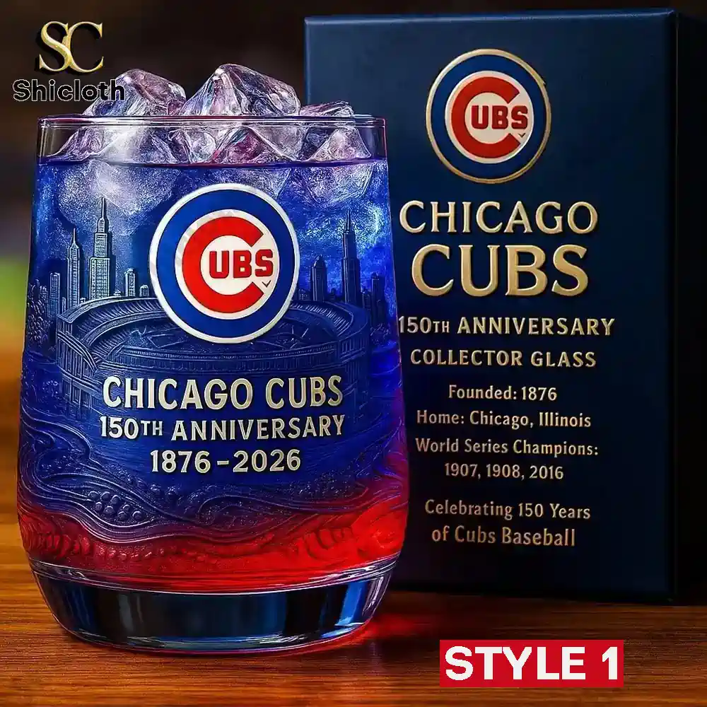 Chicago Cubs 150th anniversary collector whiskey glass and gift box from Shicloth.