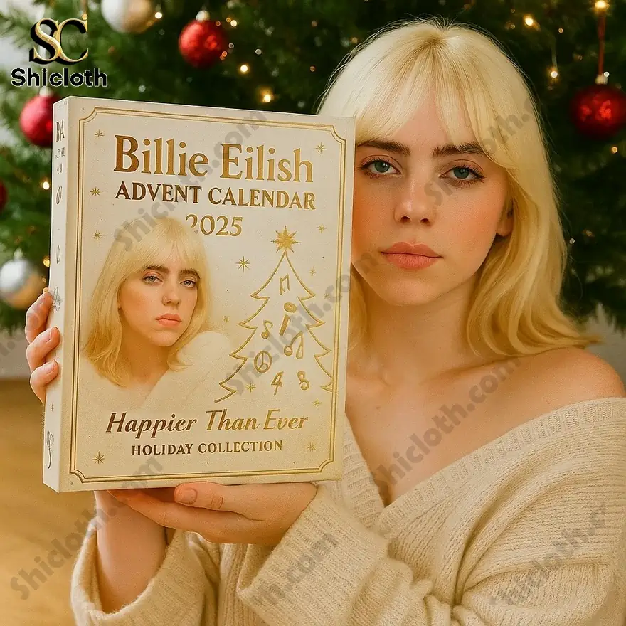Billie Eilish holding the Billie Eilish Advent Calendar 2025 Happier Than Ever Holiday Collection box in front of a Christmas tree.