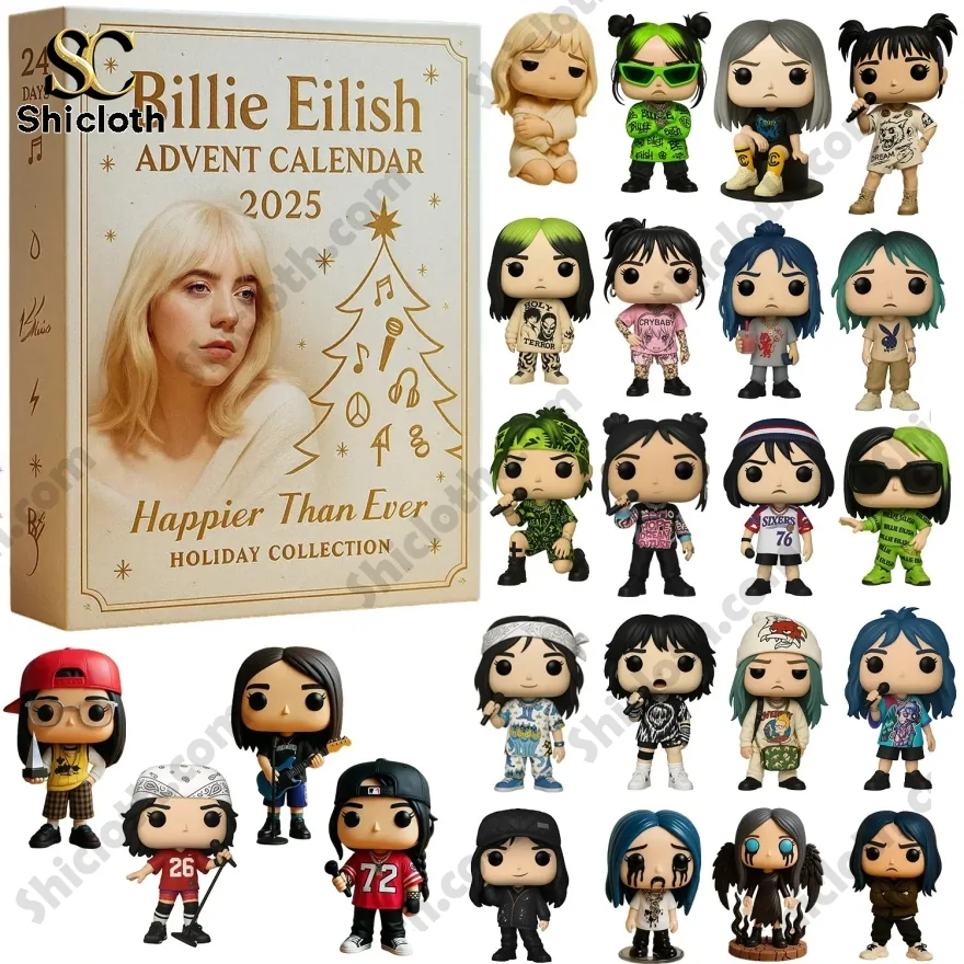 Billie Eilish Advent Calendar 2025 box with 24 collectible mini figures displayed around it.