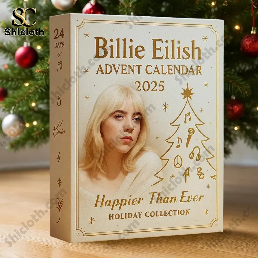 Billie Eilish Advent Calendar 2025 24 Gifts Inside 3 Billie Eilish Advent Calendar 2025 Happier Than Ever Holiday Collection box next to a decorated Christmas tree.