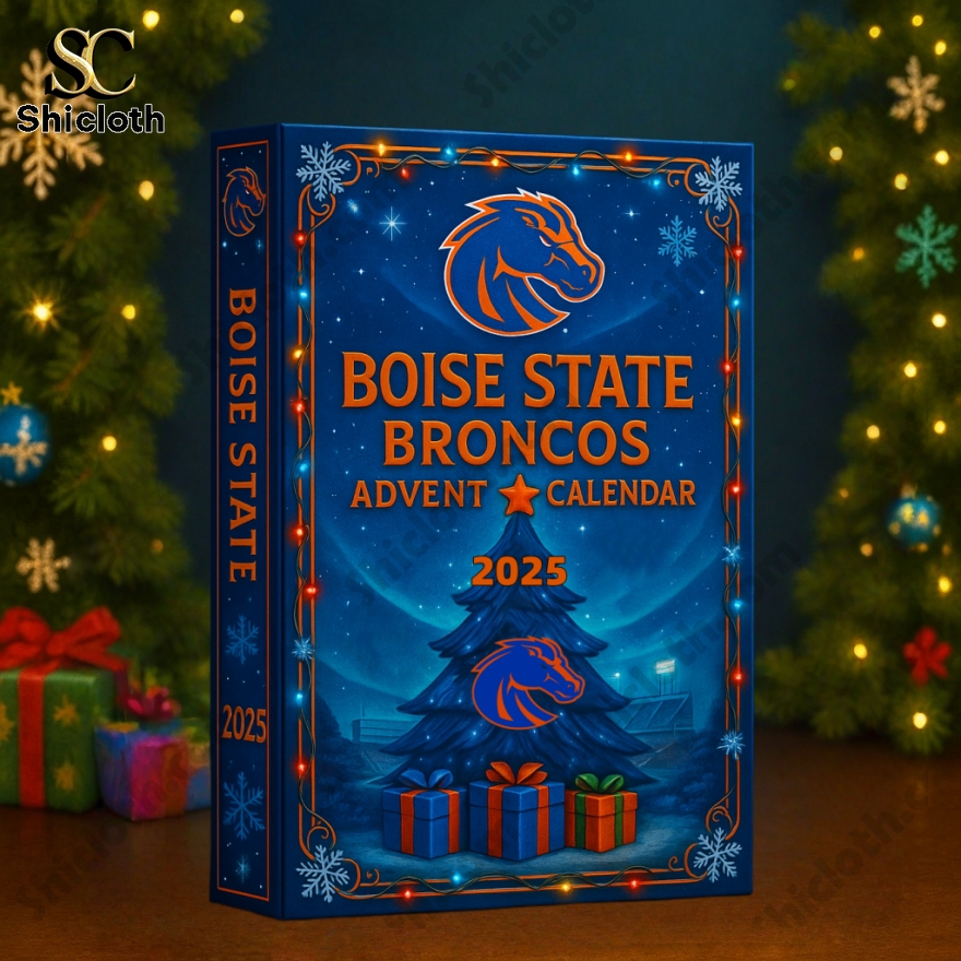 Boise State Broncos 2025 Advent Calendar box on a holiday table with Christmas decorations.