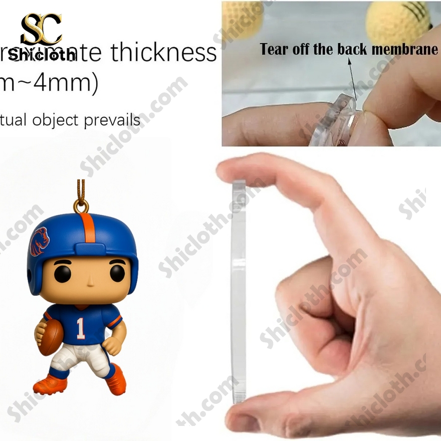 Boise State Broncos football 2025 Advent Calendar 3 Boise State Broncos player ornament with Santa hat and a hand showing product thickness.