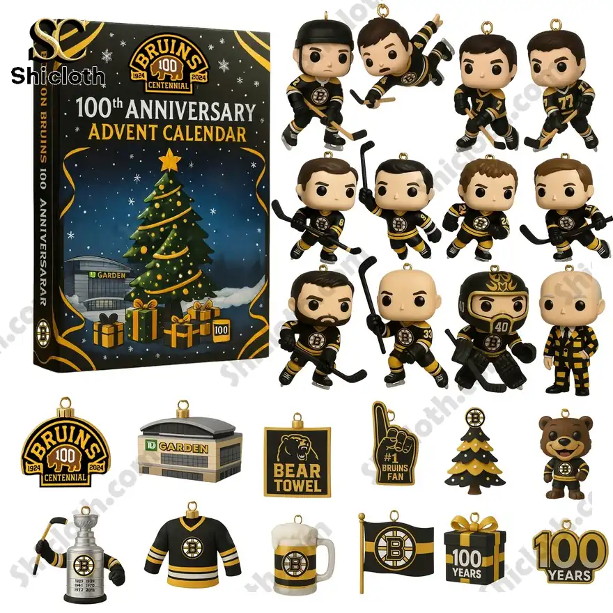 Boston Bruins 100th anniversary advent calendar box with Christmas tree and TD Garden illustration.