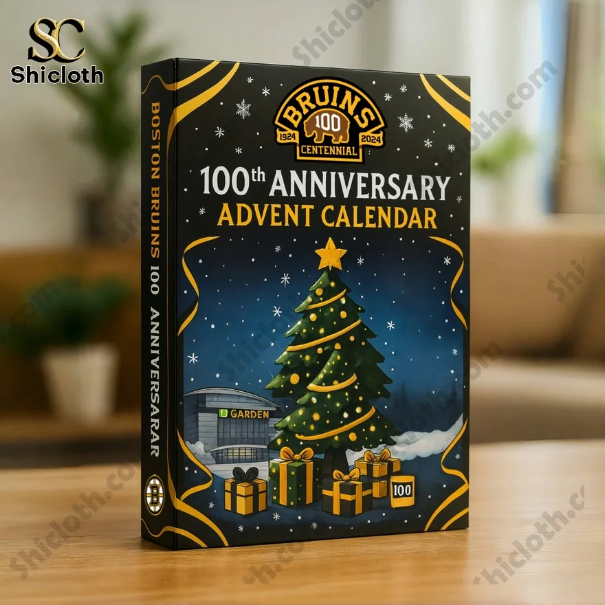 Boston Bruins 100th anniversary advent calendar box with Christmas tree and TD Garden illustration.