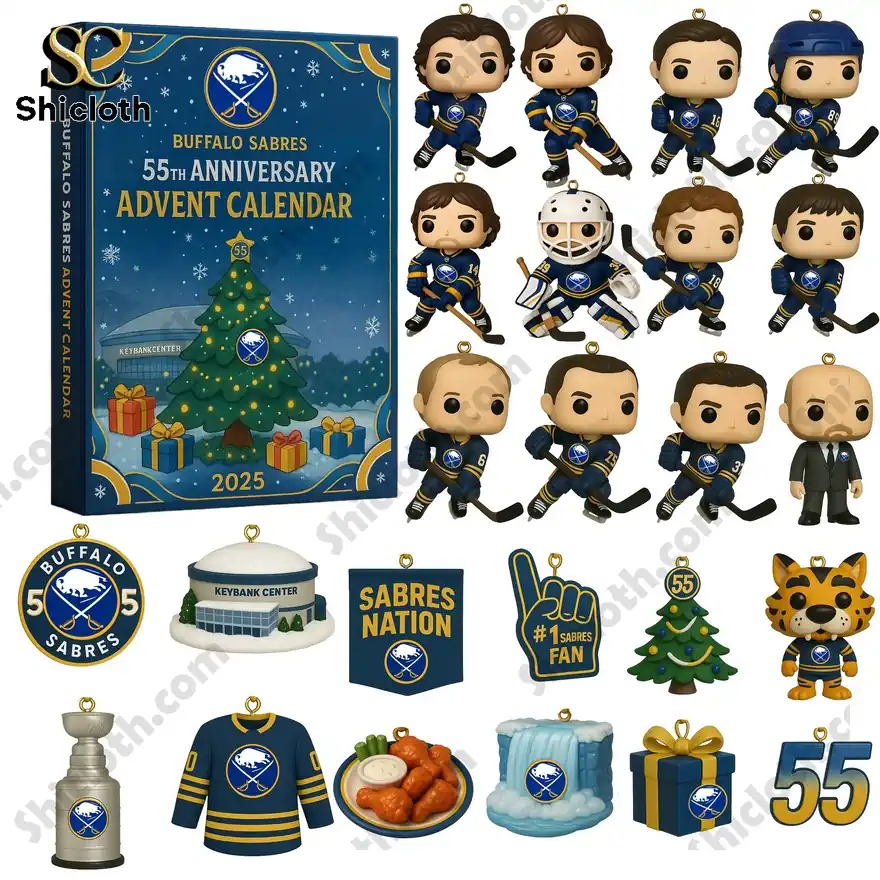 A Buffalo Sabres 55th Anniversary advent calendar box shown with all its contents including player figurines and team themed ornaments!
