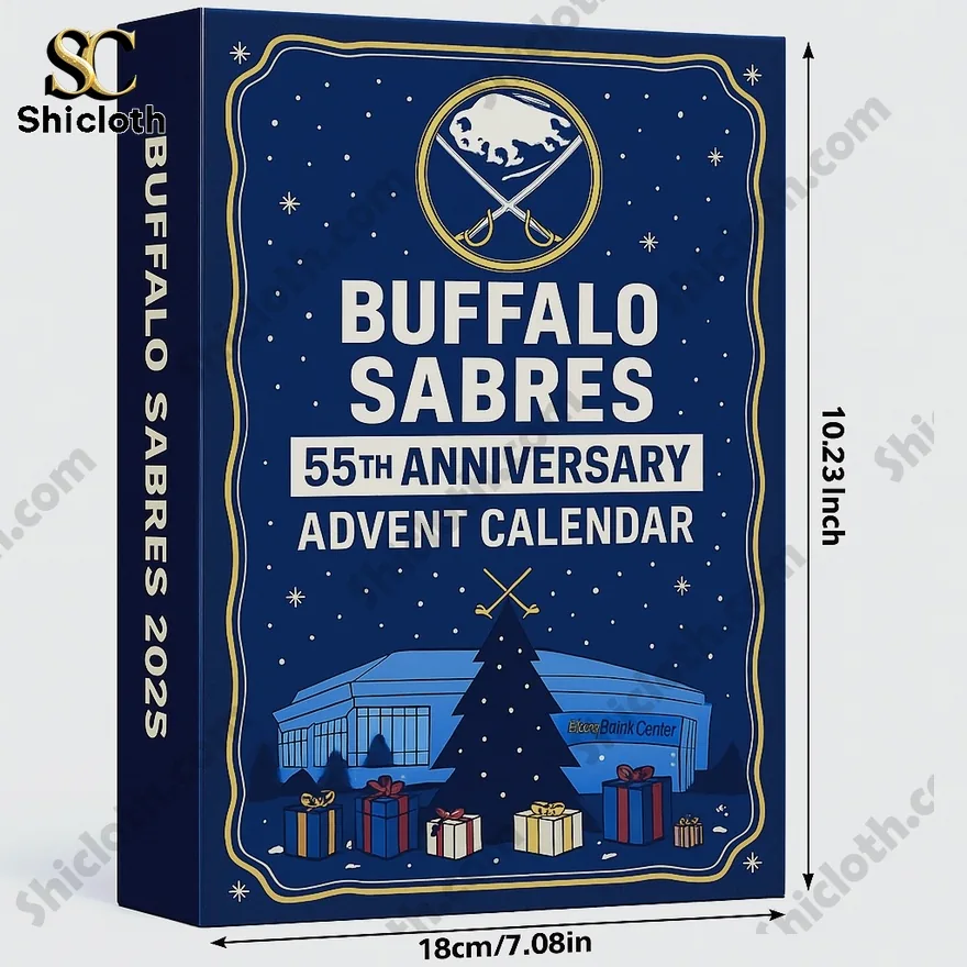 Buffalo Sabres 55th Anniversary Advent Calendar box with size dimensions.