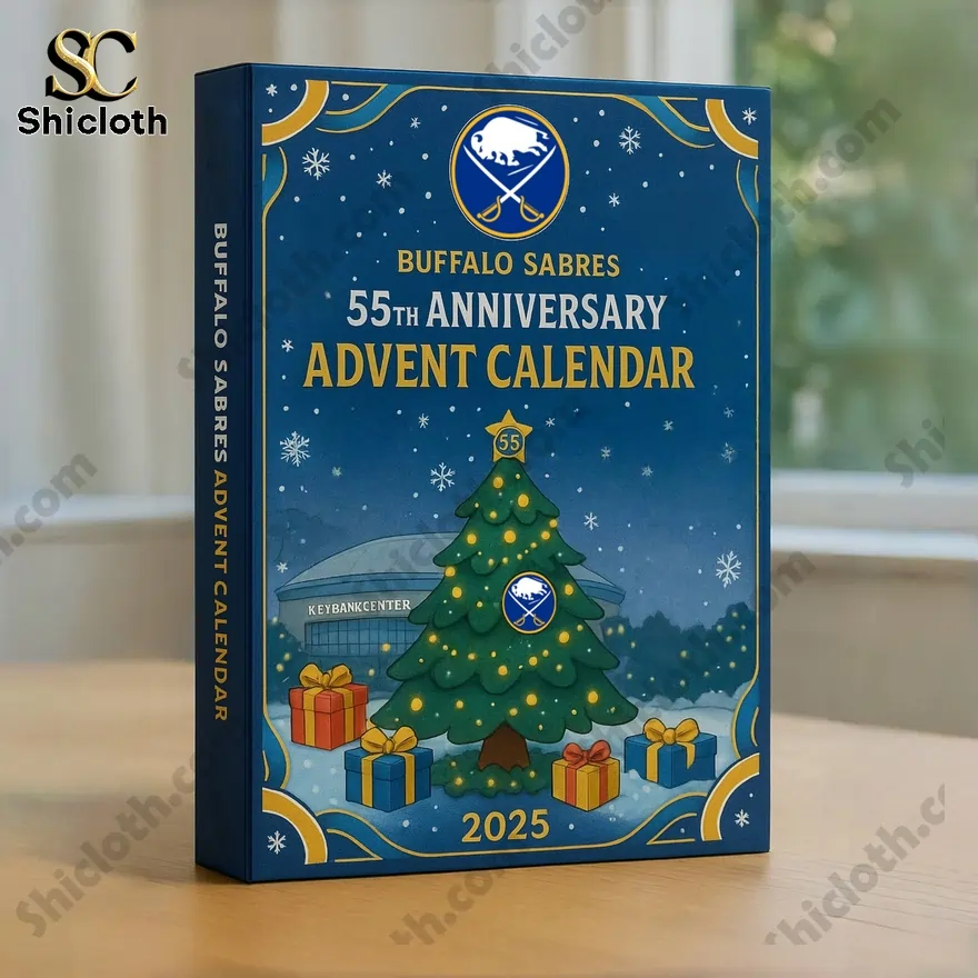 A close up view of the blue Buffalo Sabres 55th Anniversary 2025 advent calendar box!