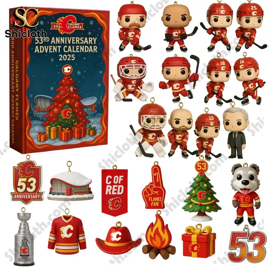 A Calgary Flames 53rd Anniversary advent calendar box shown with its contents including player figurines and team ornaments!