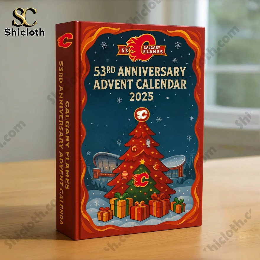 A close up view of the red Calgary Flames 53rd Anniversary 2025 advent calendar box!