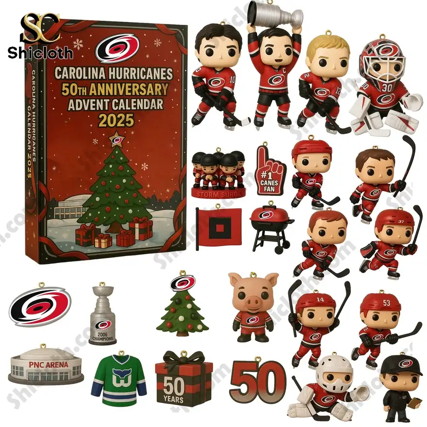 Carolina Hurricanes 50th anniversary advent calendar with mini figures and themed ornaments.