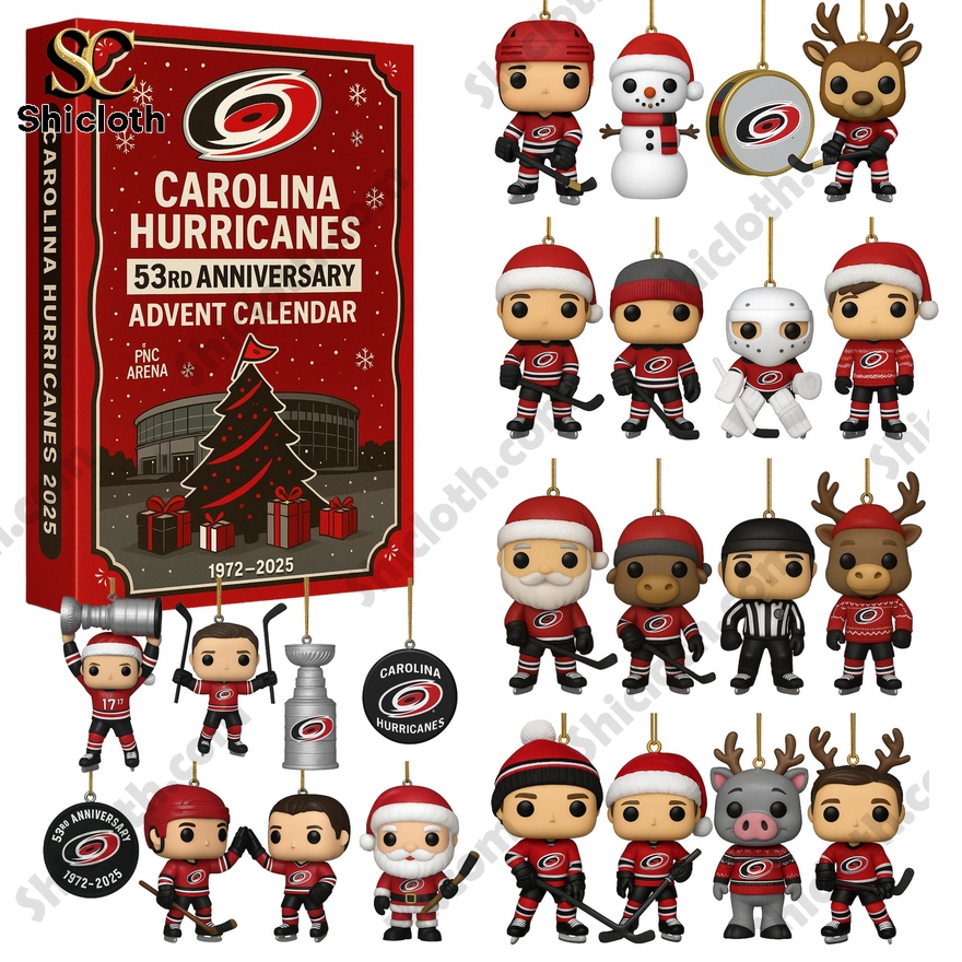 Carolina Hurricanes 53rd Anniversary 2025 advent calendar with hockey player mini figures and ornaments.