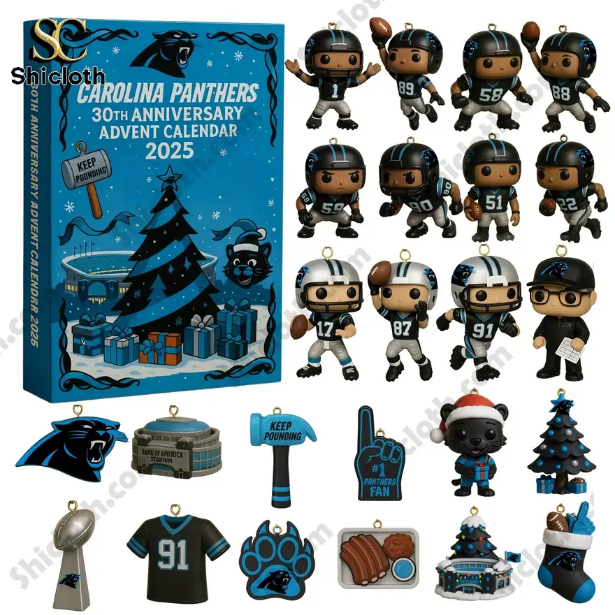 Carolina Panthers 30th anniversary advent calendar with mini figures and themed ornaments.