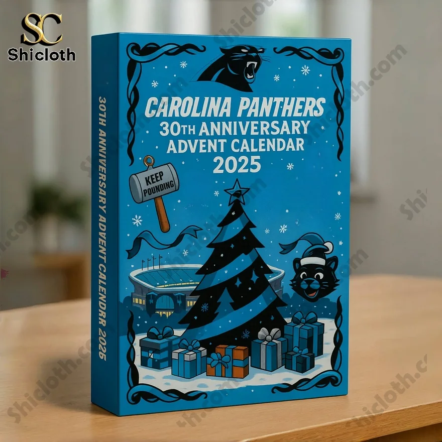 Carolina Panthers 30th anniversary advent calendar box with Christmas tree and stadium design.