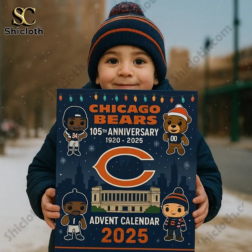 A child holding a Chicago Bears 105th Anniversary 2025 Advent Calendar with team logo and festive artwork.