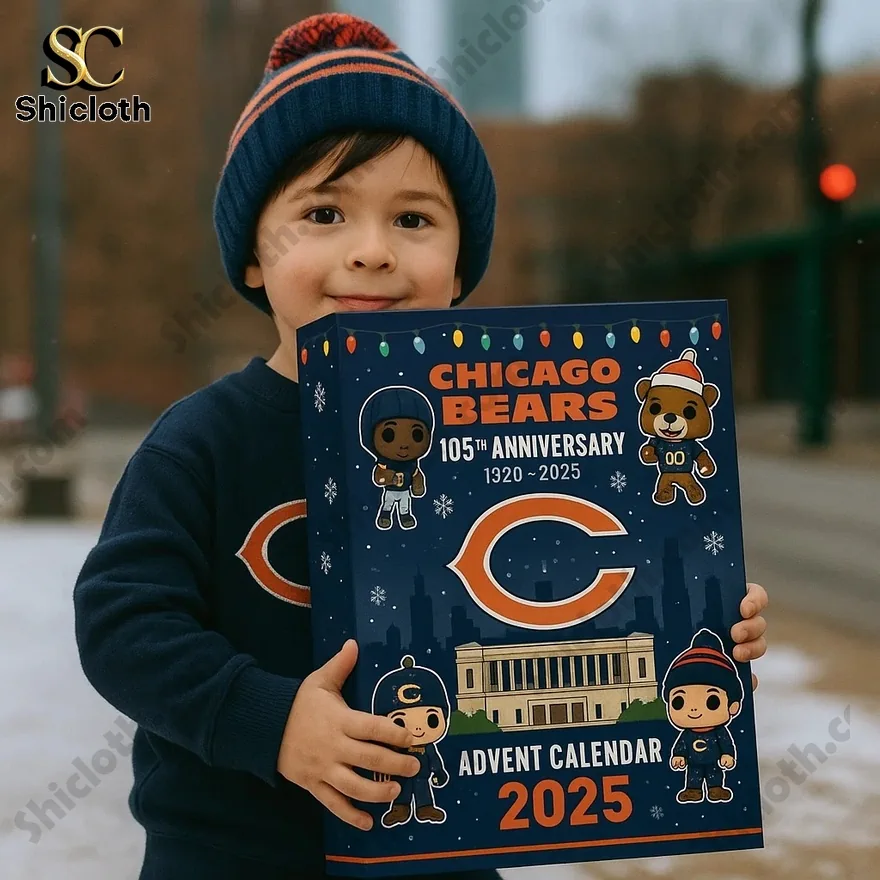 A smiling child holding the Chicago Bears 105th Anniversary 2025 Advent Calendar.