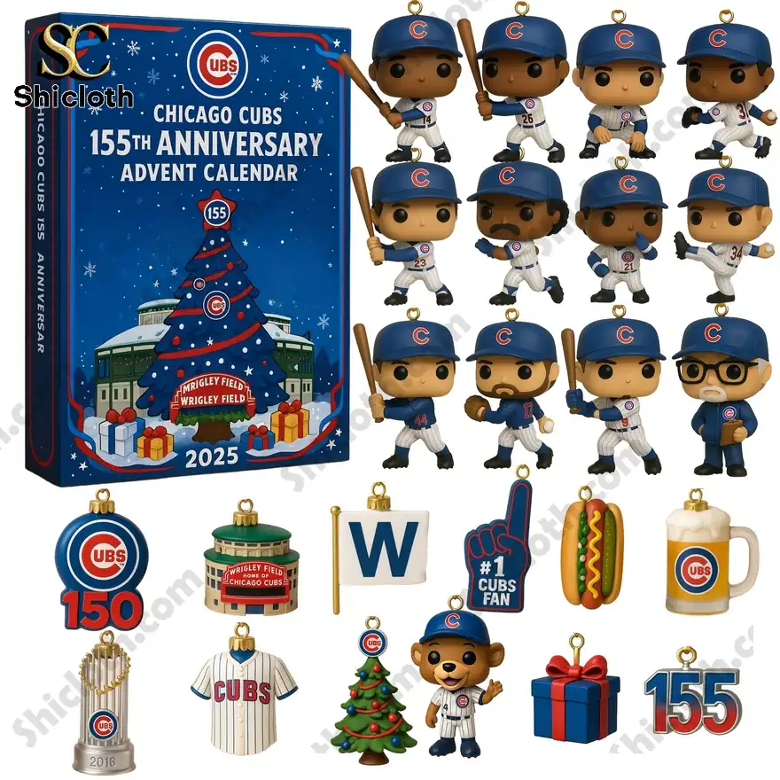 Chicago Cubs 155th anniversary advent calendar with mini figures and baseball themed ornaments.
